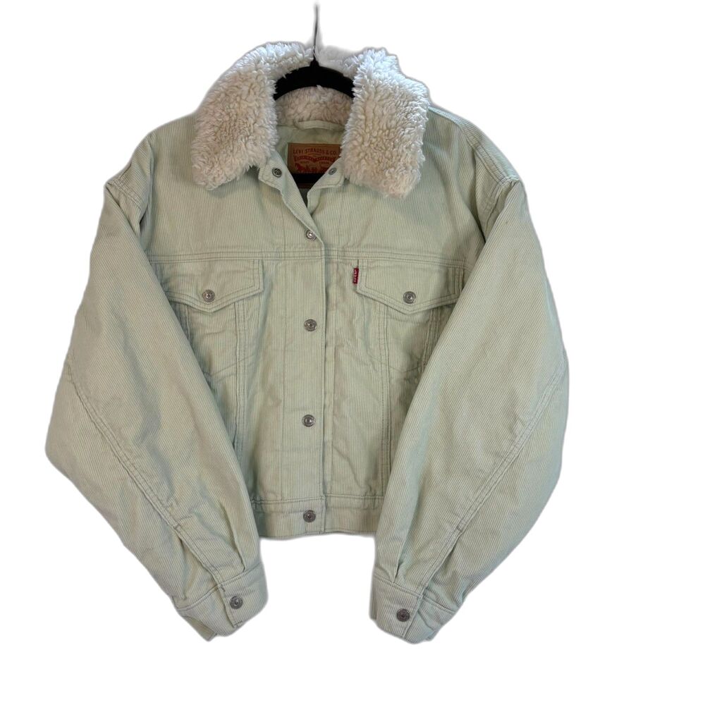 Levi's Women's Mint Green Corduroy Sherpa Trucker Jacket Cropped Size Medium